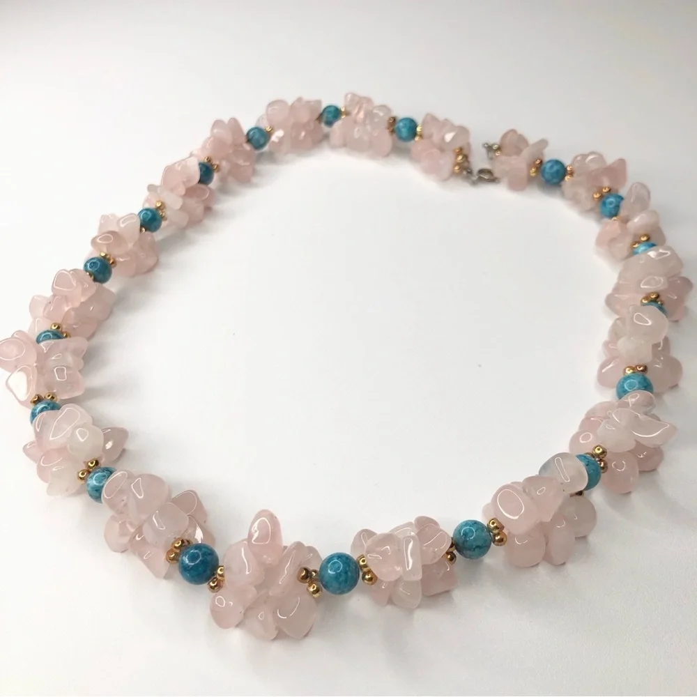 Vintage Chunky Rose Quartz & Turquoise Stone Necklace - Picture 2 of 4